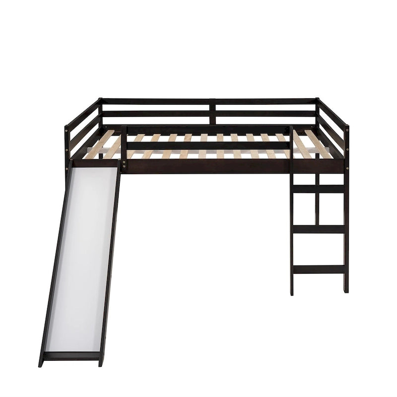 Full Size Loft Bed with Slide, Safety Rail and Ladder – Espresso / Grey / White
