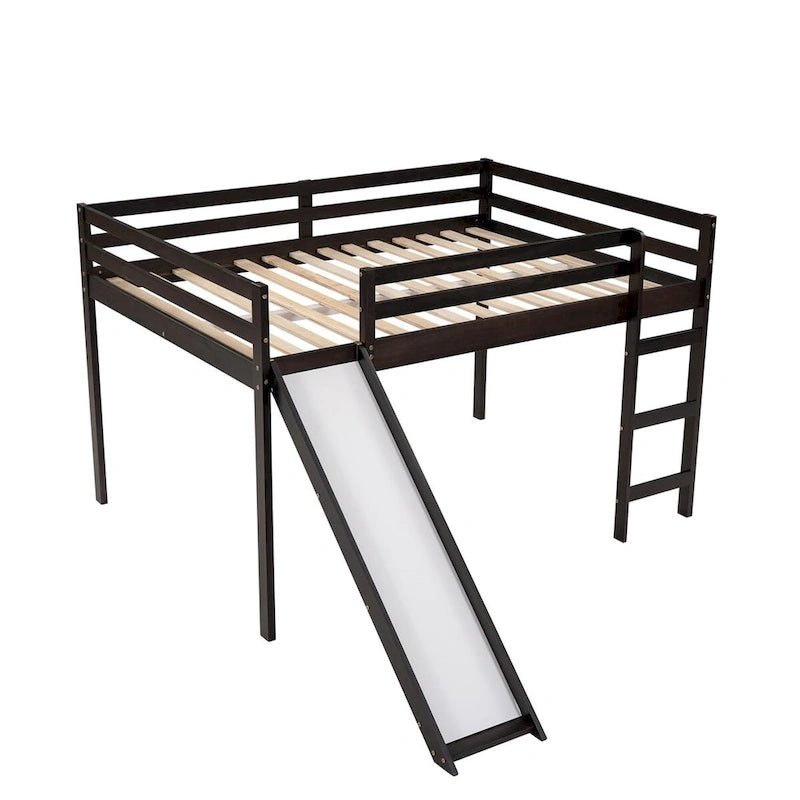 Full Size Loft Bed with Slide, Safety Rail and Ladder – Espresso / Grey / White