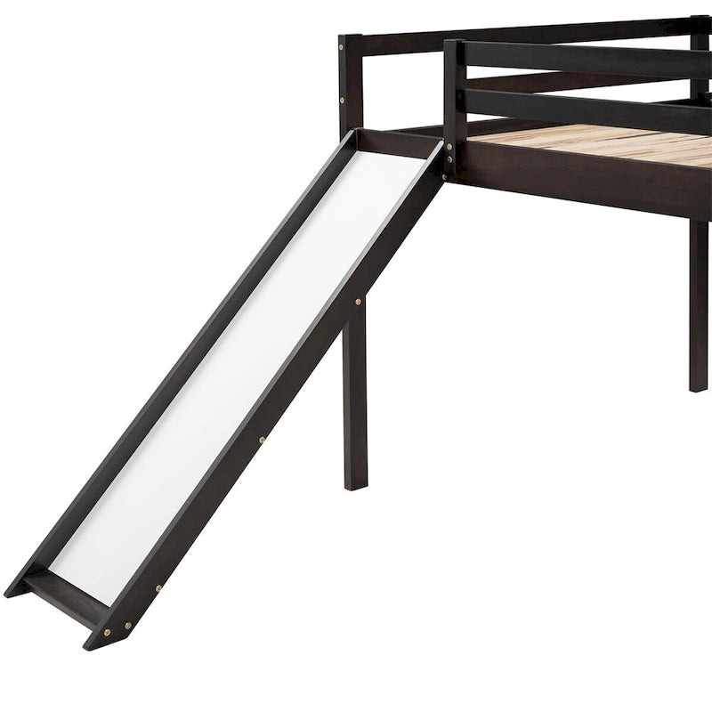 Full Size Loft Bed with Slide, Safety Rail and Ladder – Espresso / Grey / White