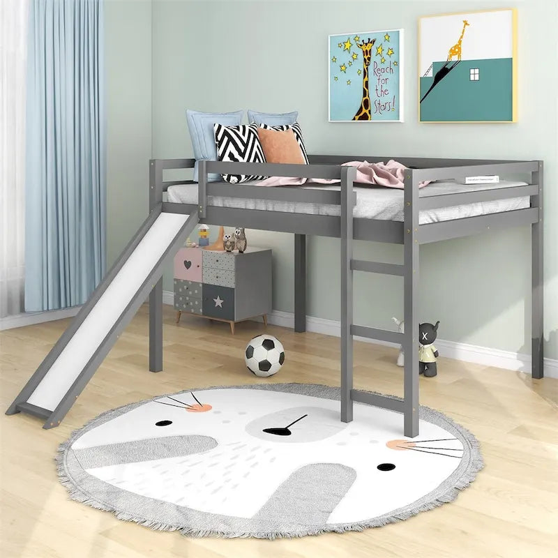 Full Size Loft Bed with Slide, Safety Rail and Ladder – Espresso / Grey / White