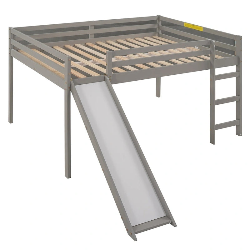 Full Size Loft Bed with Slide, Safety Rail and Ladder – Espresso / Grey / White