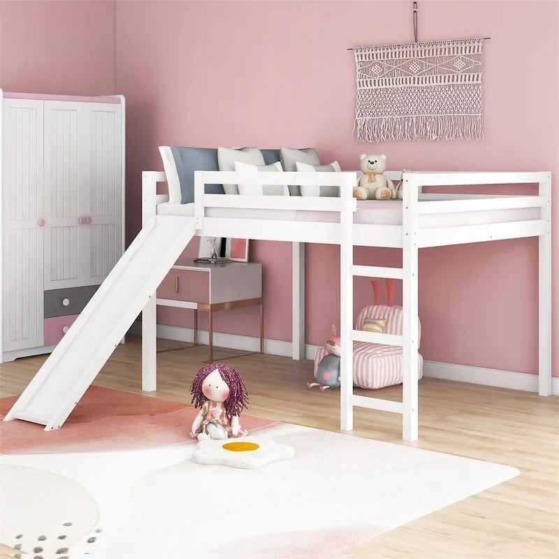 Full Size Loft Bed with Slide, Safety Rail and Ladder – Espresso / Grey / White