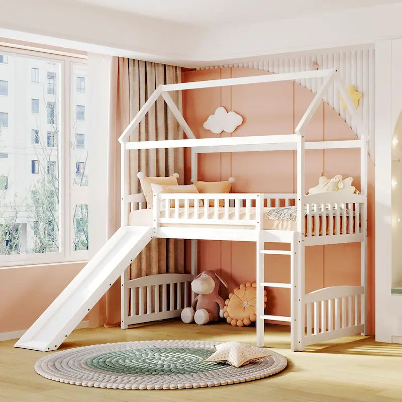 Twin House Loft Bed with Slide and Playhouse Design