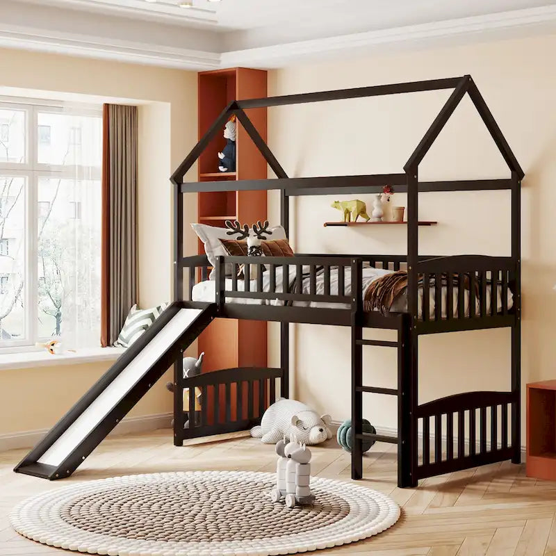 Twin House Loft Bed with Slide and Playhouse Design