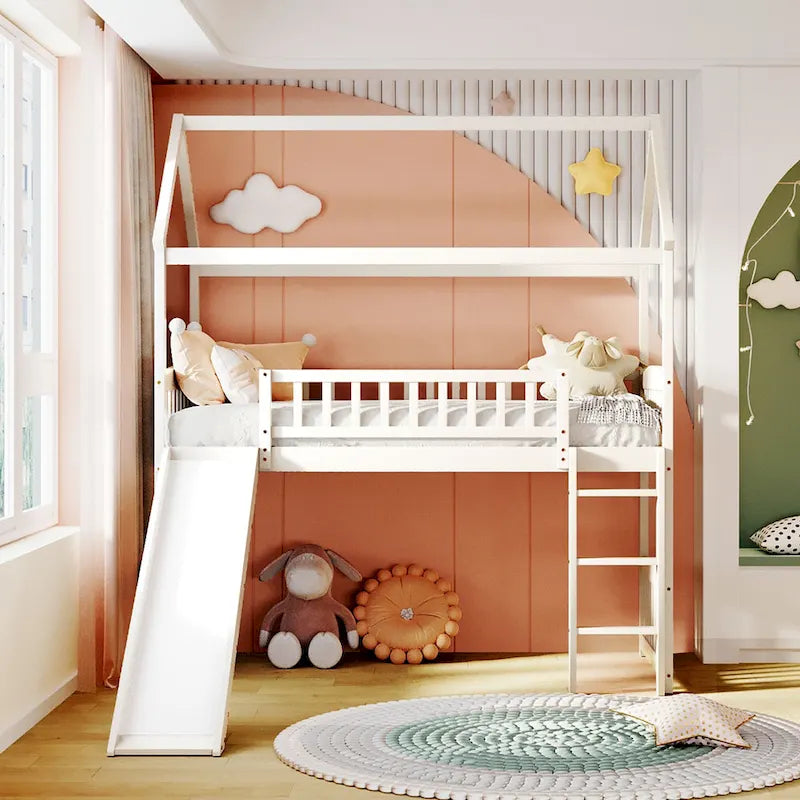 Twin House Loft Bed with Slide and Playhouse Design