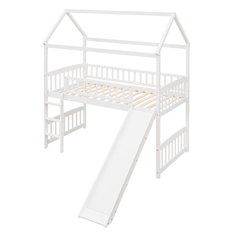 Twin House Loft Bed with Slide and Playhouse Design