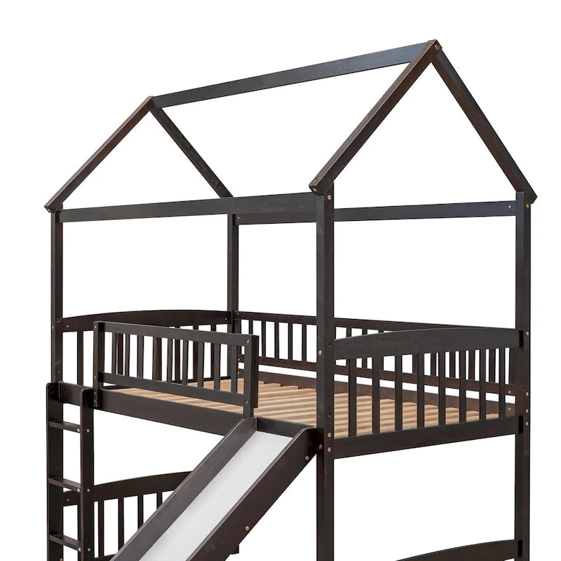 Twin House Loft Bed with Slide and Playhouse Design