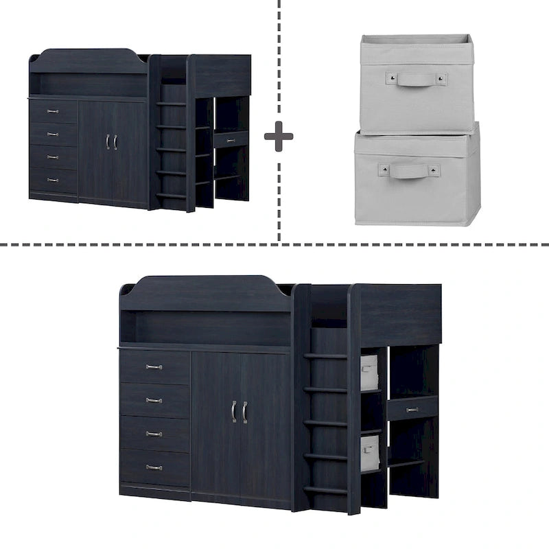 Kids Twin Loft Bed with Desk Wardrobe Drawers Storage Shelves Blueberry