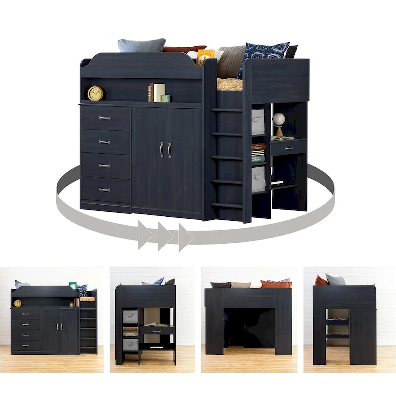 Kids Twin Loft Bed with Desk Wardrobe Drawers Storage Shelves Blueberry