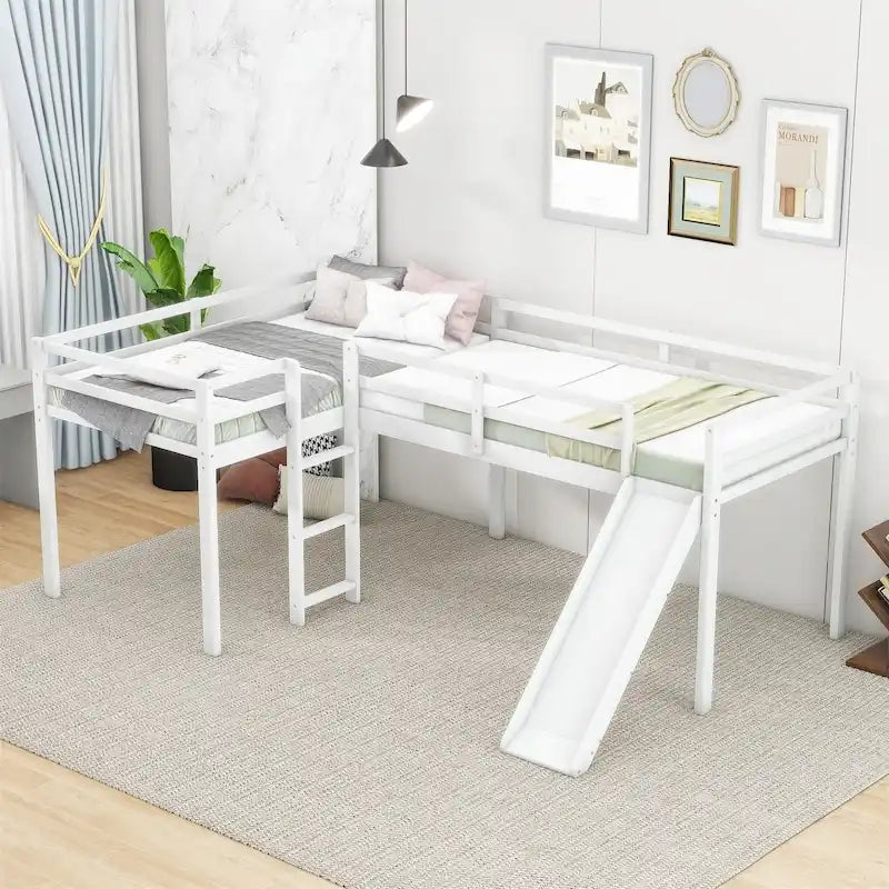 L-Shaped Twin Loft Bed with Slide and Ladder Solid Wood White Grey