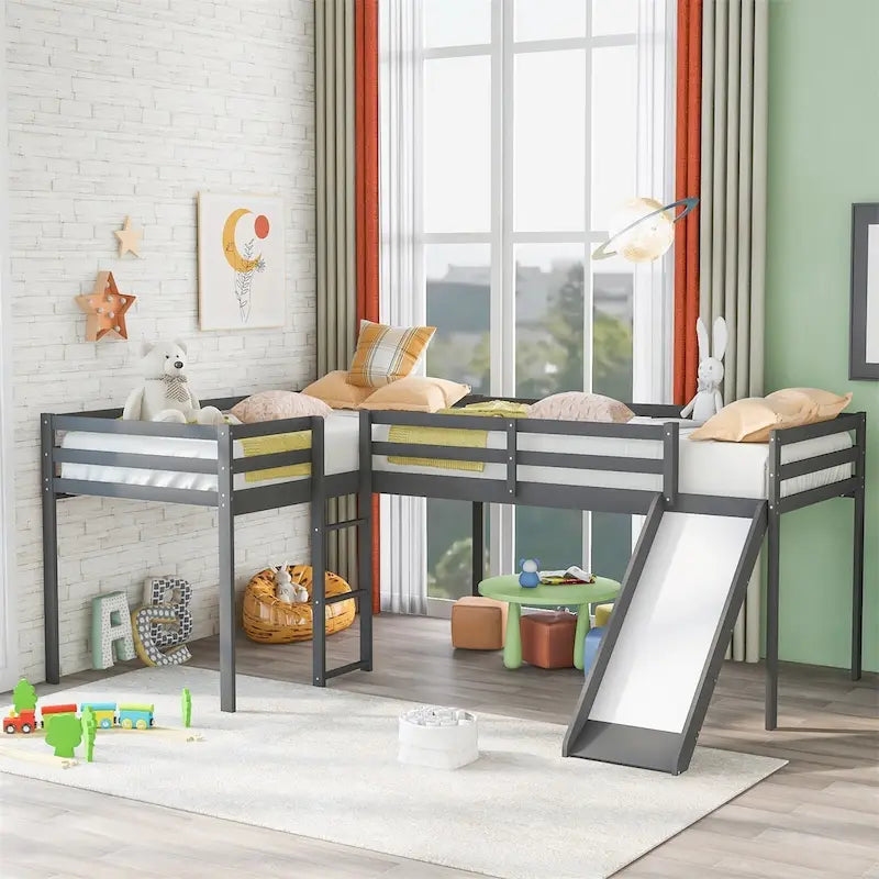 L-Shaped Twin Loft Bed with Slide and Ladder Solid Wood White Grey