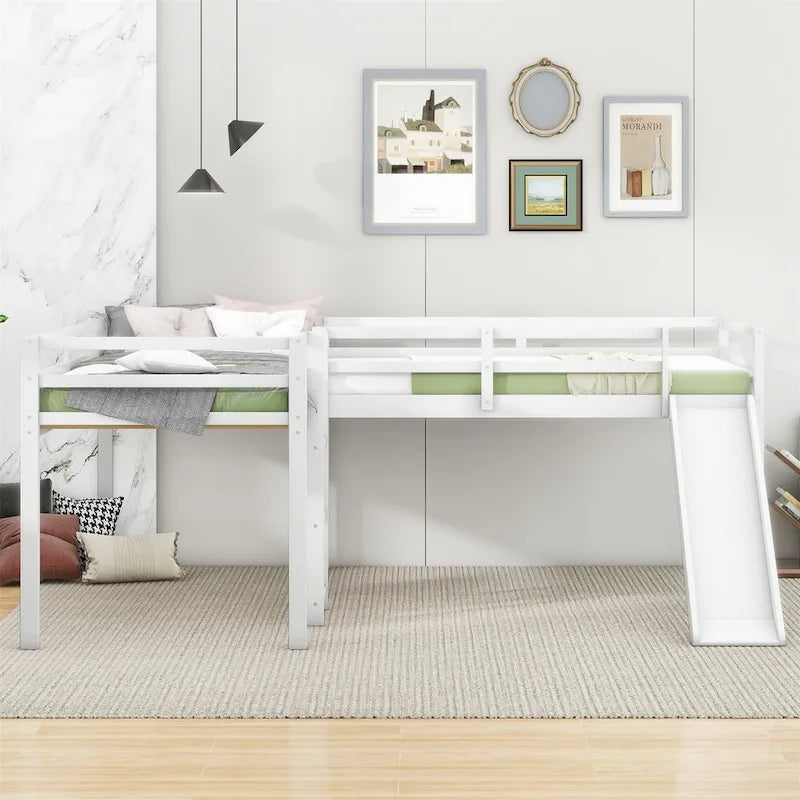 L-Shaped Twin Loft Bed with Slide and Ladder Solid Wood White Grey