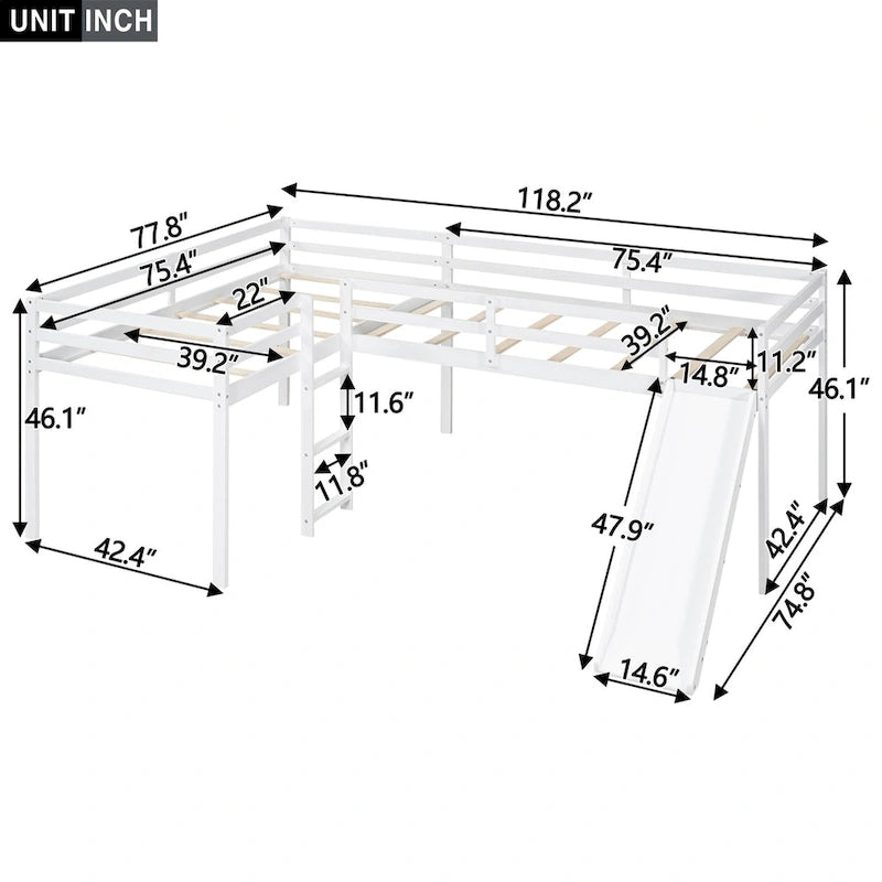 L-Shaped Twin Loft Bed with Slide and Ladder Solid Wood White Grey
