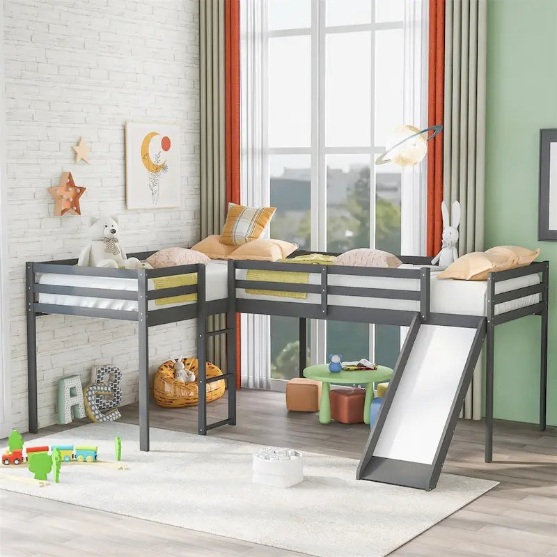 L-Shaped Twin Loft Bed with Slide and Ladder Solid Wood White Grey