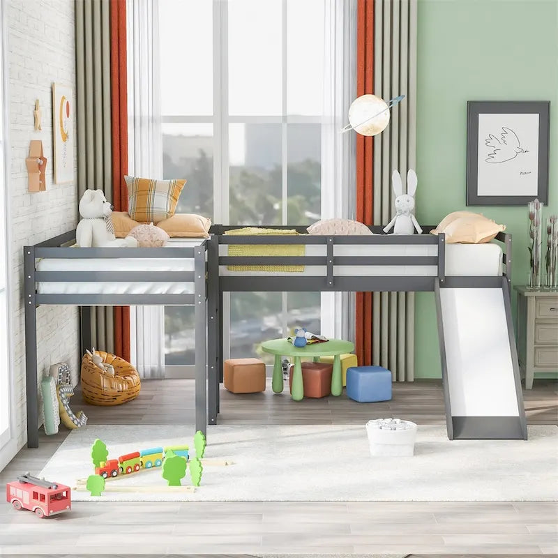 L-Shaped Twin Loft Bed with Slide and Ladder Solid Wood White Grey
