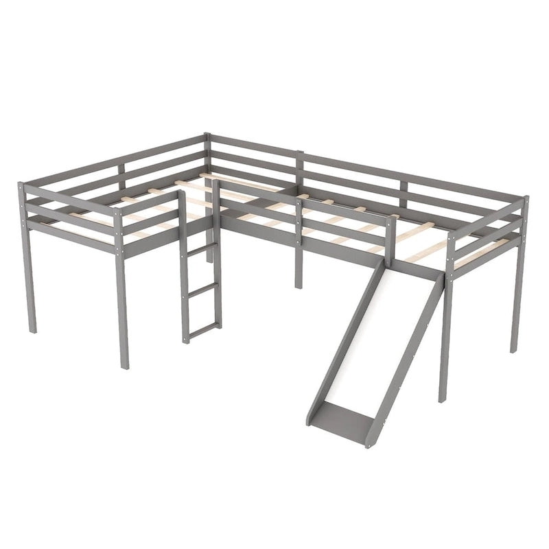 L-Shaped Twin Loft Bed with Slide and Ladder Solid Wood White Grey