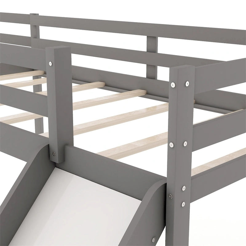 L-Shaped Twin Loft Bed with Slide and Ladder Solid Wood White Grey