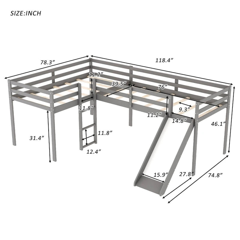 L-Shaped Twin Loft Bed with Slide and Ladder Solid Wood White Grey