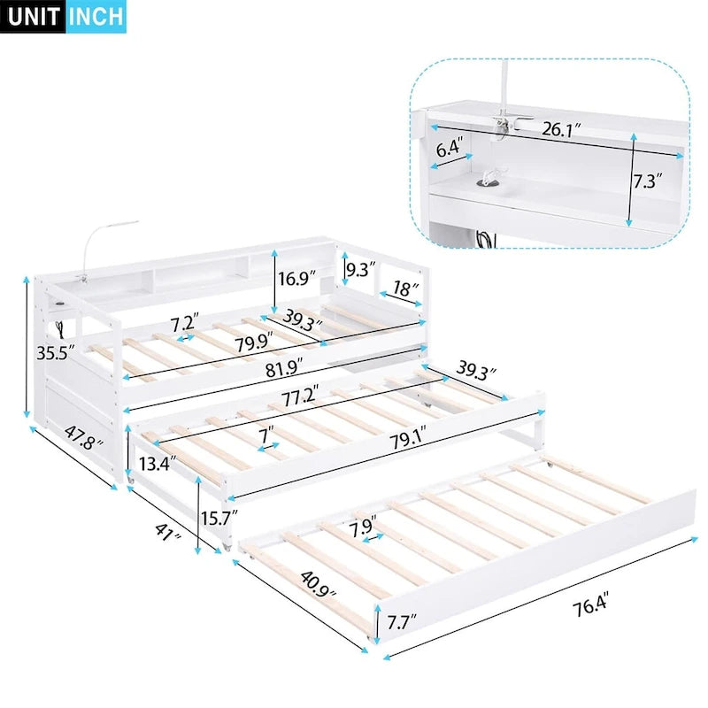 Twin XL Wood Daybed with Storage Cubbies, Trundles and USB Charging - White/Grey