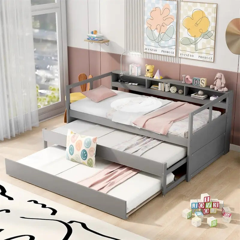 Twin XL Wood Daybed with Storage Cubbies, Trundles and USB Charging - White/Grey