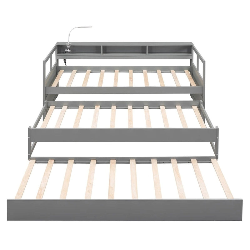 Twin XL Wood Daybed with Storage Cubbies, Trundles and USB Charging - White/Grey