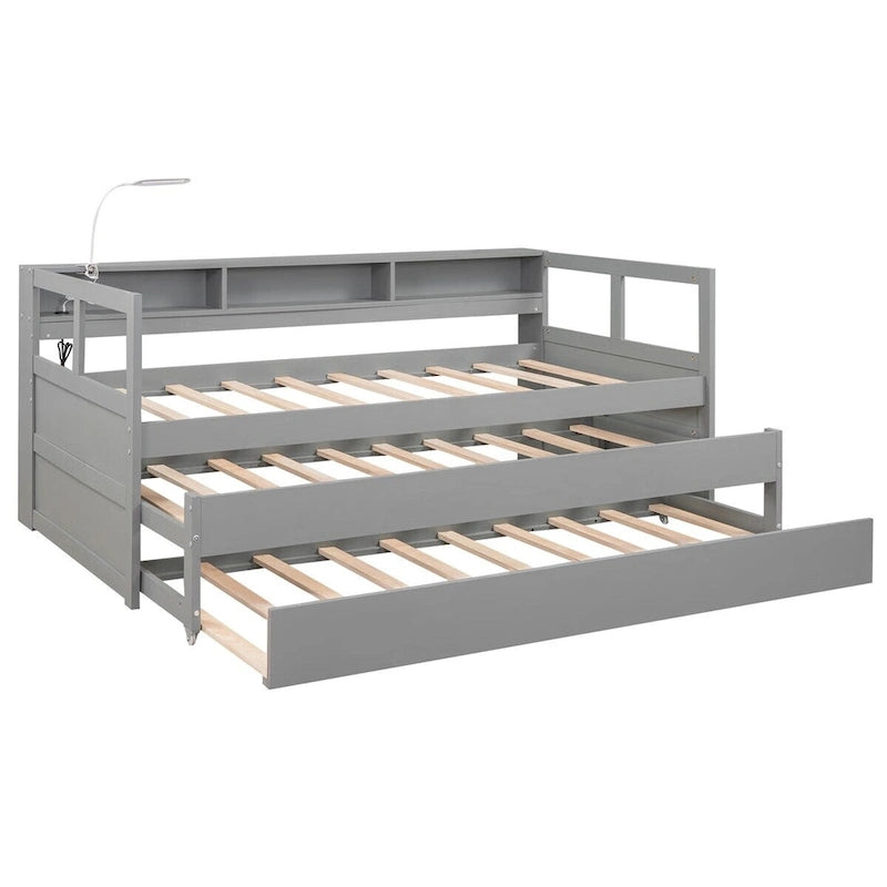 Twin XL Wood Daybed with Storage Cubbies, Trundles and USB Charging - White/Grey