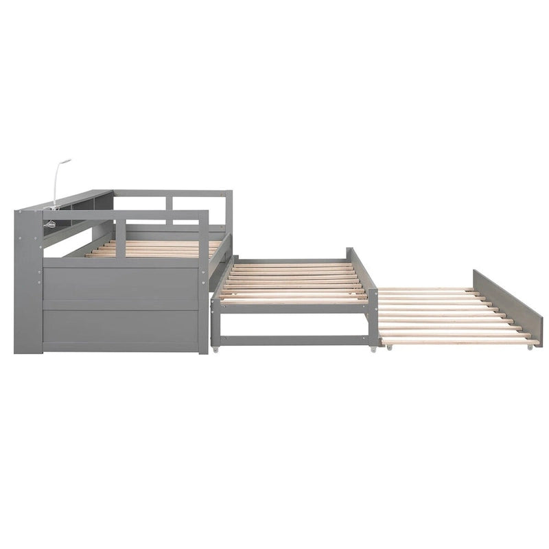 Twin XL Wood Daybed with Storage Cubbies, Trundles and USB Charging - White/Grey