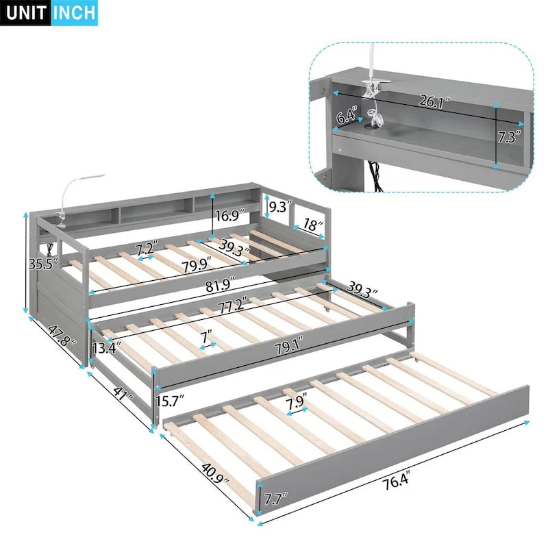 Twin XL Wood Daybed with Storage Cubbies, Trundles and USB Charging - White/Grey