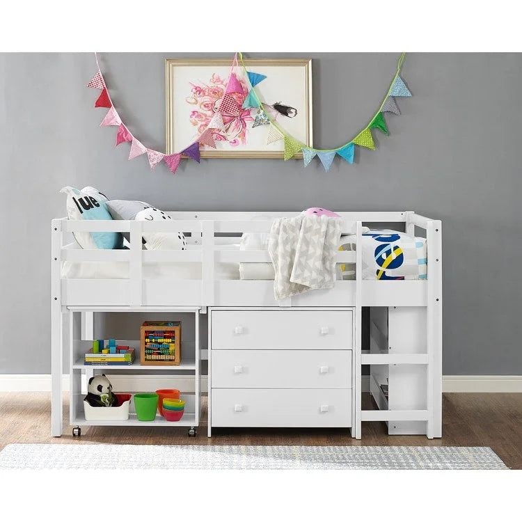 Low Loft Bed with Pull-Out Desk Drawers and Storage Shelves for Kids White