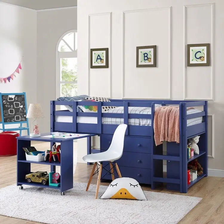 Low Loft Bed with Pull-Out Desk Drawers and Storage Shelves for Kids White