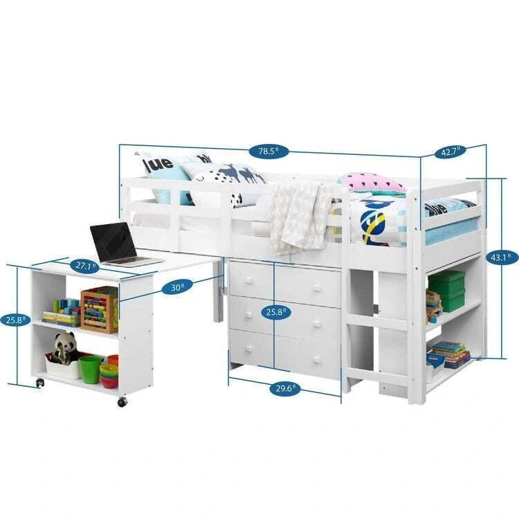 Low Loft Bed with Pull-Out Desk Drawers and Storage Shelves for Kids White