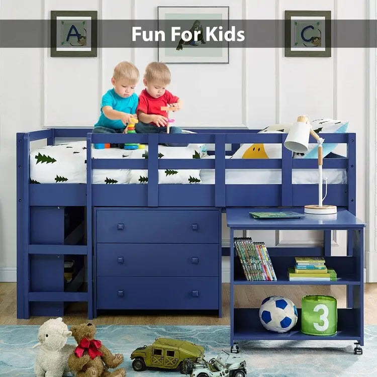 Low Loft Bed with Pull-Out Desk Drawers and Storage Shelves for Kids White