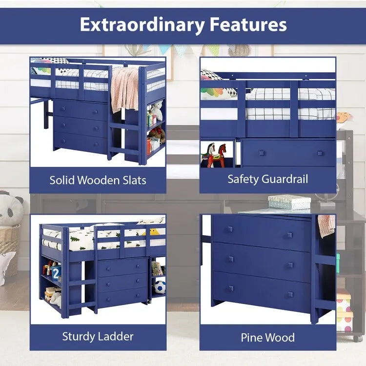 Low Loft Bed with Pull-Out Desk Drawers and Storage Shelves for Kids White