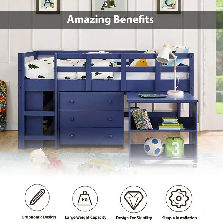 Low Loft Bed with Pull-Out Desk Drawers and Storage Shelves for Kids White