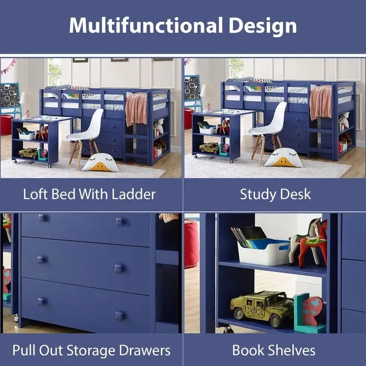 Low Loft Bed with Pull-Out Desk Drawers and Storage Shelves for Kids White