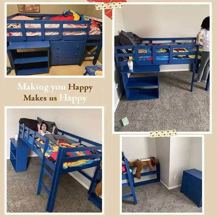 Low Loft Bed with Pull-Out Desk Drawers and Storage Shelves for Kids White