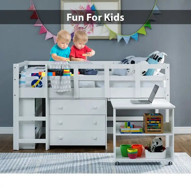 Low Loft Bed with Pull-Out Desk Drawers and Storage Shelves for Kids White