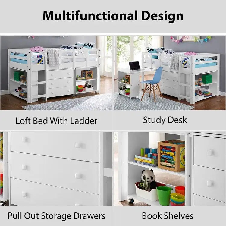 Low Loft Bed with Pull-Out Desk Drawers and Storage Shelves for Kids White