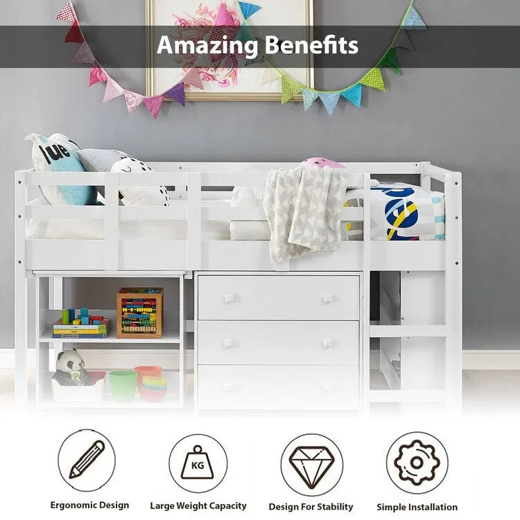 Low Loft Bed with Pull-Out Desk Drawers and Storage Shelves for Kids White