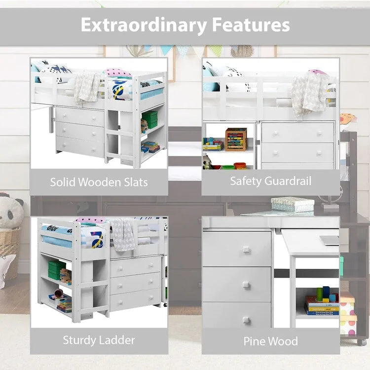 Low Loft Bed with Pull-Out Desk Drawers and Storage Shelves for Kids White