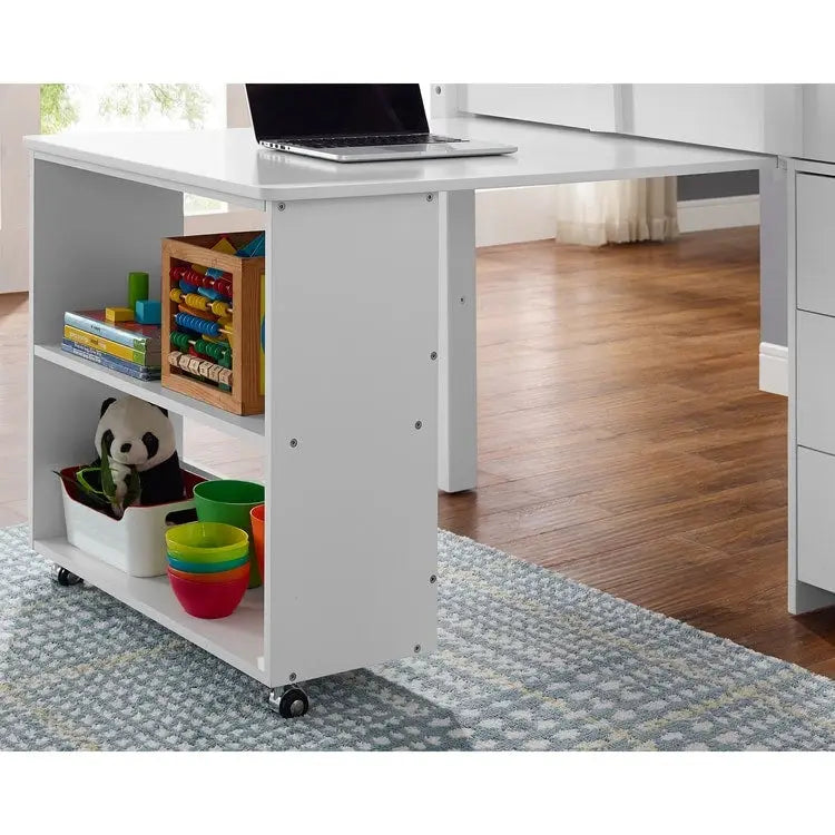 Low Loft Bed with Pull-Out Desk Drawers and Storage Shelves for Kids White