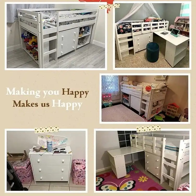 Low Loft Bed with Pull-Out Desk Drawers and Storage Shelves for Kids White