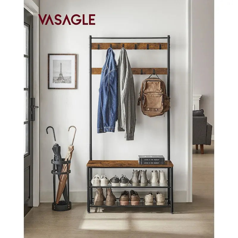 Coat Rack, Hall Tree with Shoe Storage Bench, Entryway Bench with Shoe Storage, 3-in-1, Rustic Brown and Black