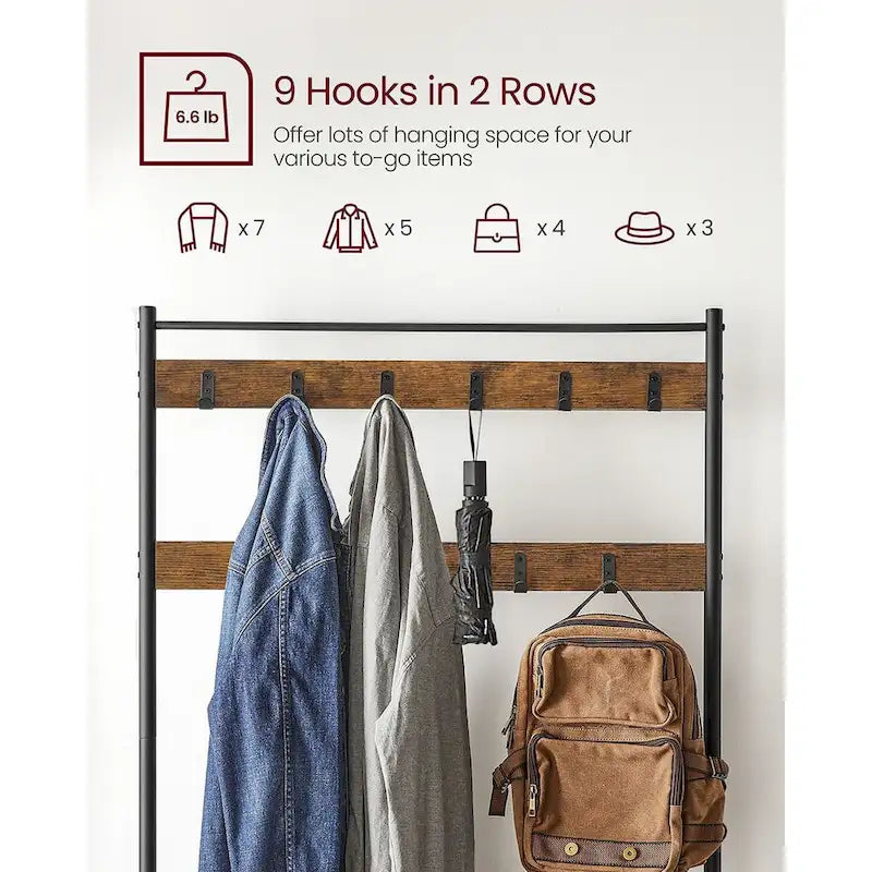 Coat Rack, Hall Tree with Shoe Storage Bench, Entryway Bench with Shoe Storage, 3-in-1, Rustic Brown and Black