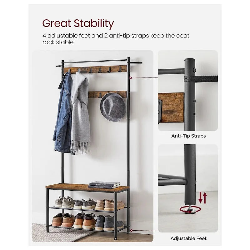 Coat Rack, Hall Tree with Shoe Storage Bench, Entryway Bench with Shoe Storage, 3-in-1, Rustic Brown and Black