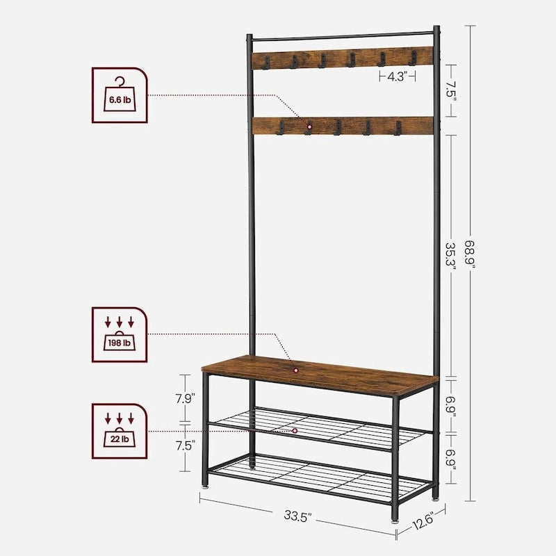 Coat Rack, Hall Tree with Shoe Storage Bench, Entryway Bench with Shoe Storage, 3-in-1, Rustic Brown and Black