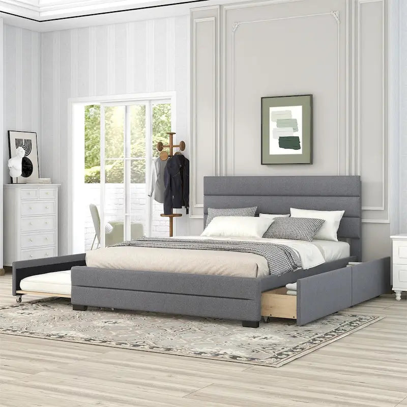 Upholstered Platform Bed with Trundle and Two Drawers