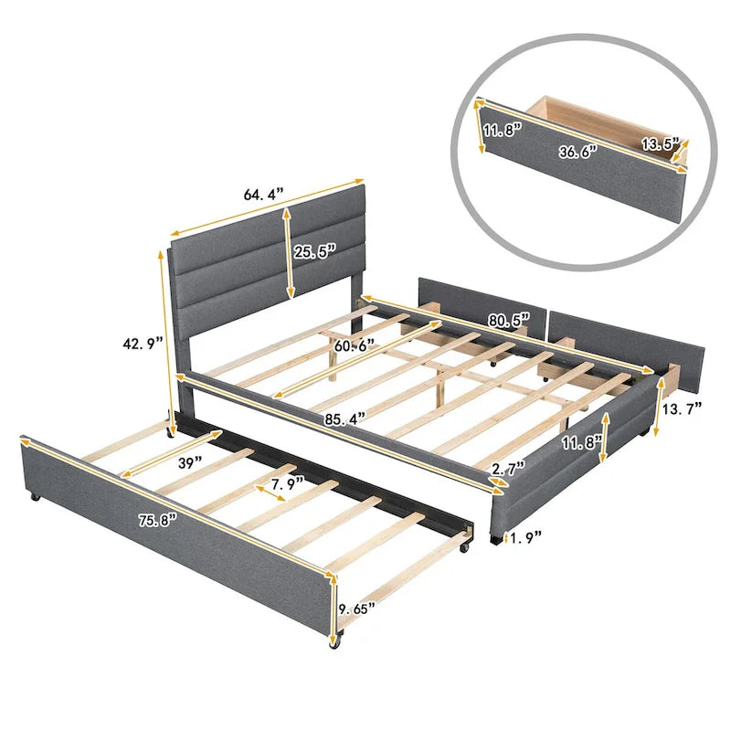 Upholstered Platform Bed with Trundle and Two Drawers