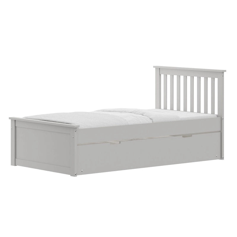 Solid Wood Twin Bed Frame with Roll-Out Trundle, Grey, Blue, White