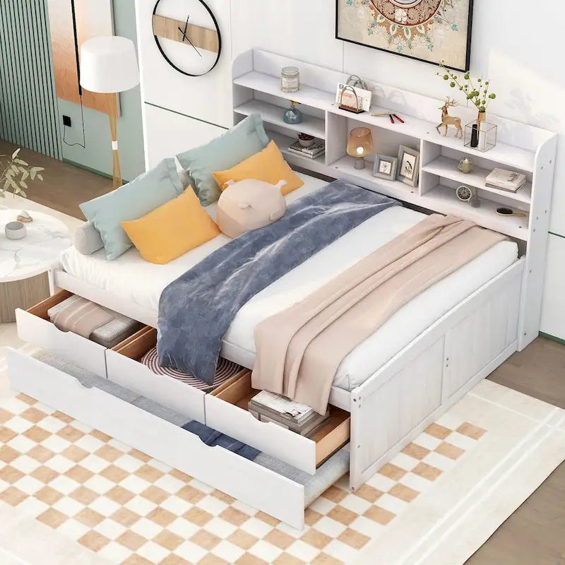 Full Size Wooden Captain Bed with Built-in Bookshelves,Three Storage Drawers and Trundle